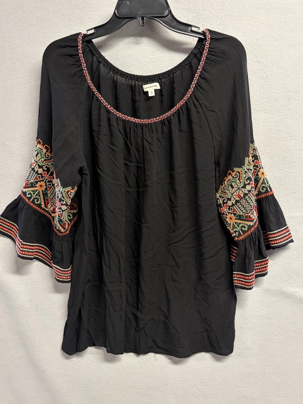 Max Studio Black Boho Peasant Top with Multicolor Embroidery Large